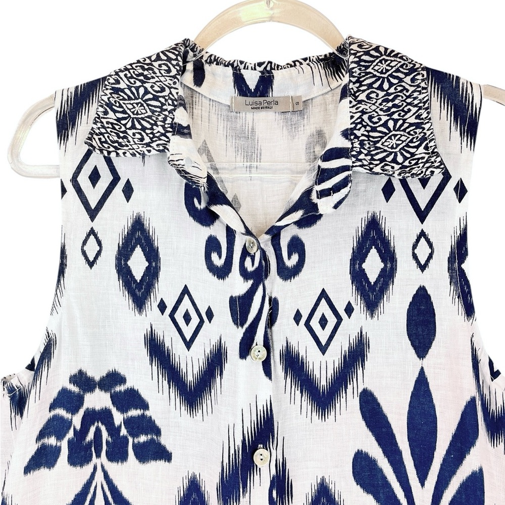 Luisa Perla 100% Linen Dress Sleeveless Blue White Ikat Print Resort Chic Sz S - Picture 3 of 12